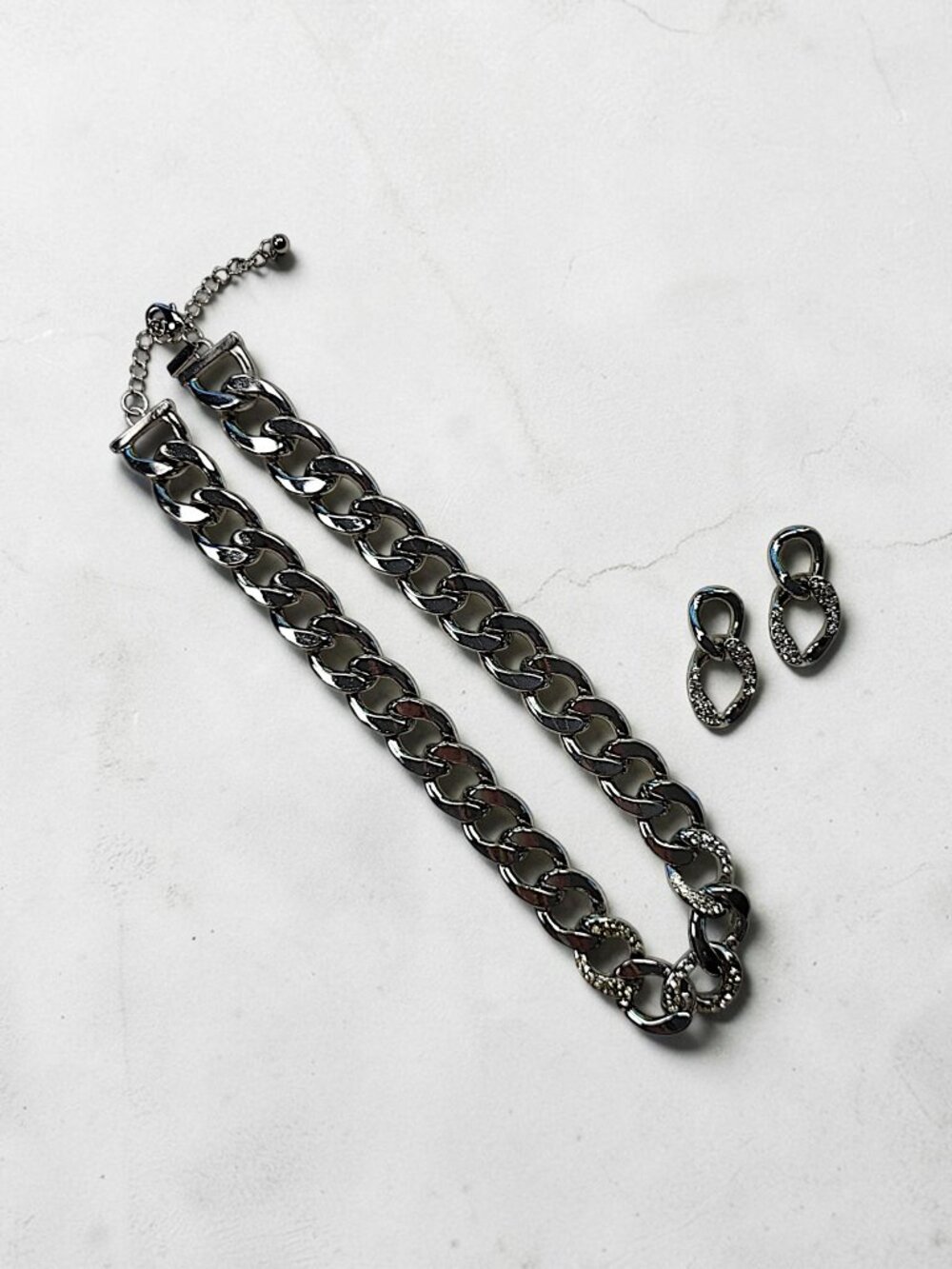 Lane Bryant Silver Rhinestone Chunky Chain Necklace & Earrings Set